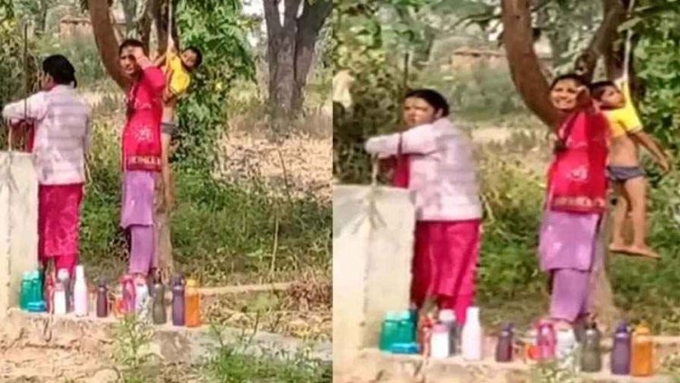 होमवर्क नहीं करने पर नर्सरी के बच्चे को टी शर्त से उल्टा लटकाकर पेड़ पर सजा, वीडियो वायरल, गुस्से में अभिभावक, प्रबंधन बता रहा मामूली घटना