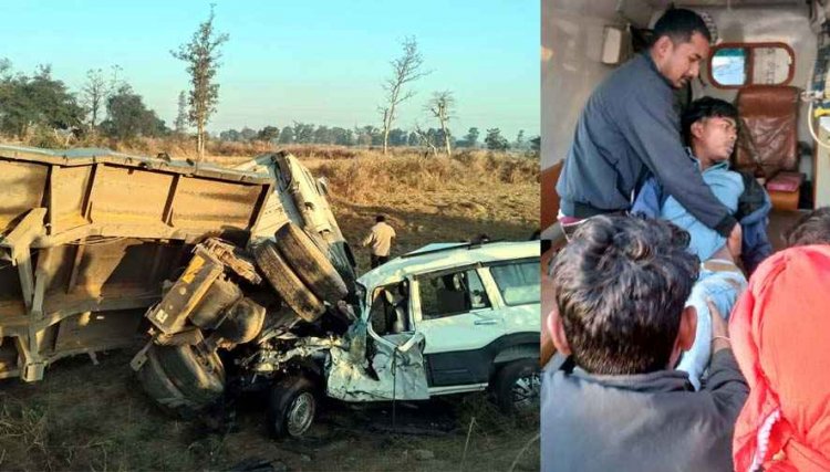 स्कॉर्पियो और ट्रेलर के बीच जोरदार टक्कर, टायर फटते ही बेकाबू हुआ वाहन, रायपुर सत्संग में जा रहे 6 श्रद्धालु घायल, गाड़ी के उड़े परखच्चे