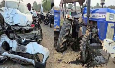 नेशनल हाईवे पर भीषण सड़क हादसा, कार और ट्रैक्टर की आमने-सामने जोरदार टक्कर, पिता समेत दो बच्चे घायल, मची अफरा-तफरी, दोनों वाहन क्षतिग्रस्त