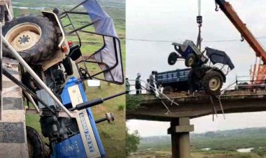 महानदी मगरलोड पुल पर टला बड़ा हादसा, कार को बचाने की कोशिश में रेलिंग तोड़कर हवा में लटका रेत से भरा ट्रैक्टर, ड्राइवर ने कूदकर बचाई जान