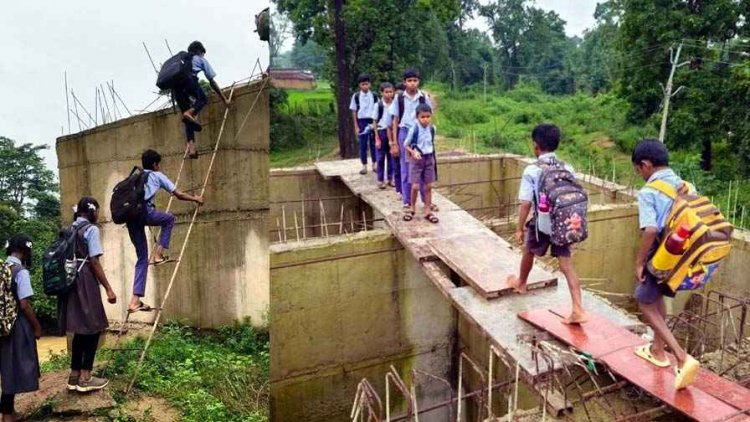 गरियाबंद में स्कूल पहुंचने के लिए रोजाना 20 फीट ऊंचे पिलर से जंग लड़ रहे नौनिहाल, पैरी नदी के अधूरे पुल ने बच्चों को बनाया ‘जान जोखिम में डालने’ को मजबूर